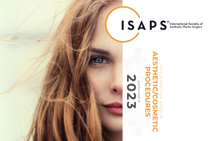 Cover of the ISAPS 2023 Global Survey on Aesthetic and Cosmetic Procedures, featuring a close-up of a woman’s face with flowing hair.