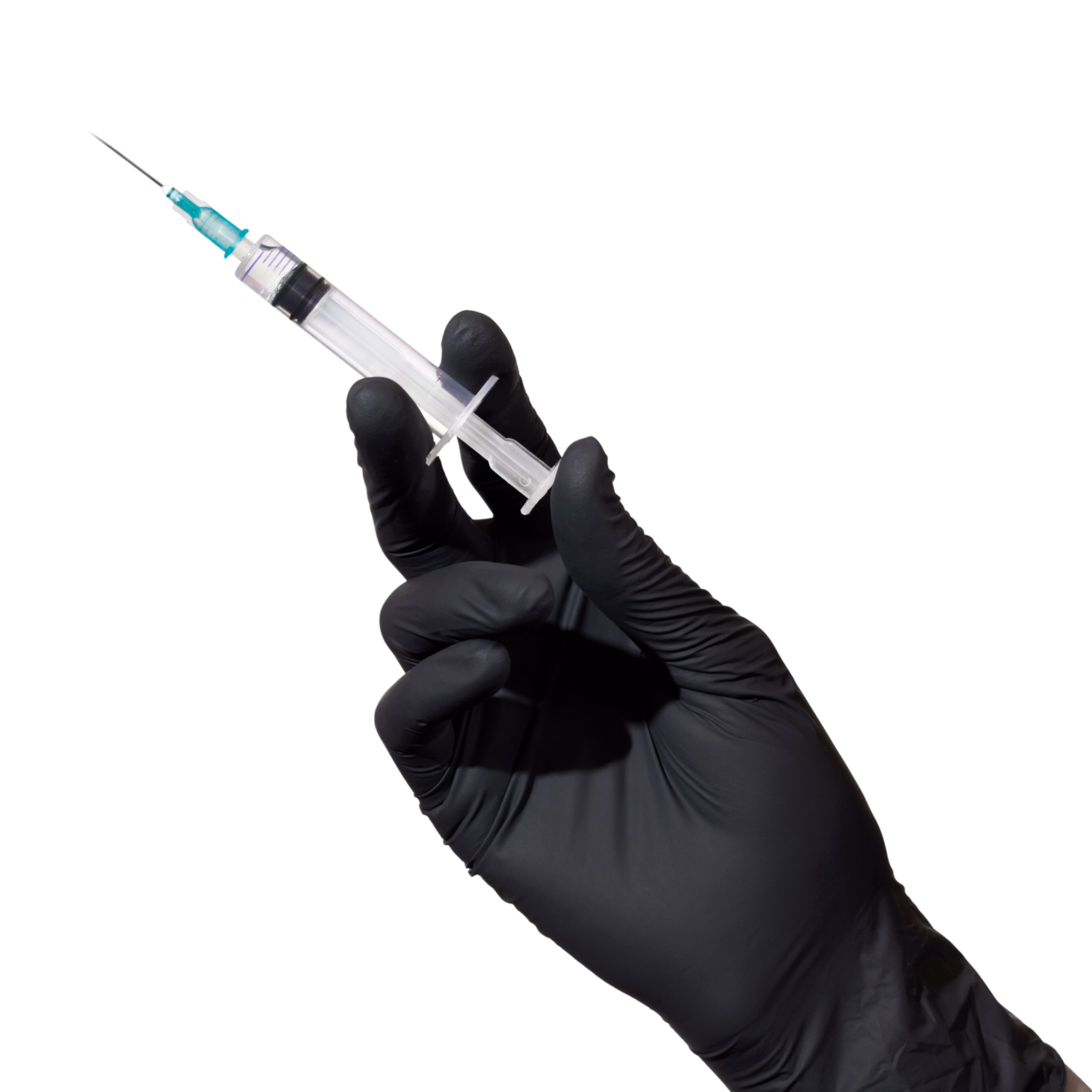 A hand wearing black medical gloves holding a syringe, positioned to inject into a detailed anatomical illustration of the human face, symbolizing precision and expertise in aesthetic injectable training