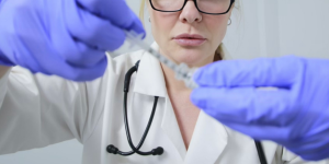 A focused medical professional in a white coat and blue gloves prepares a syringe, demonstrating precision and expertise in aesthetic medicine.