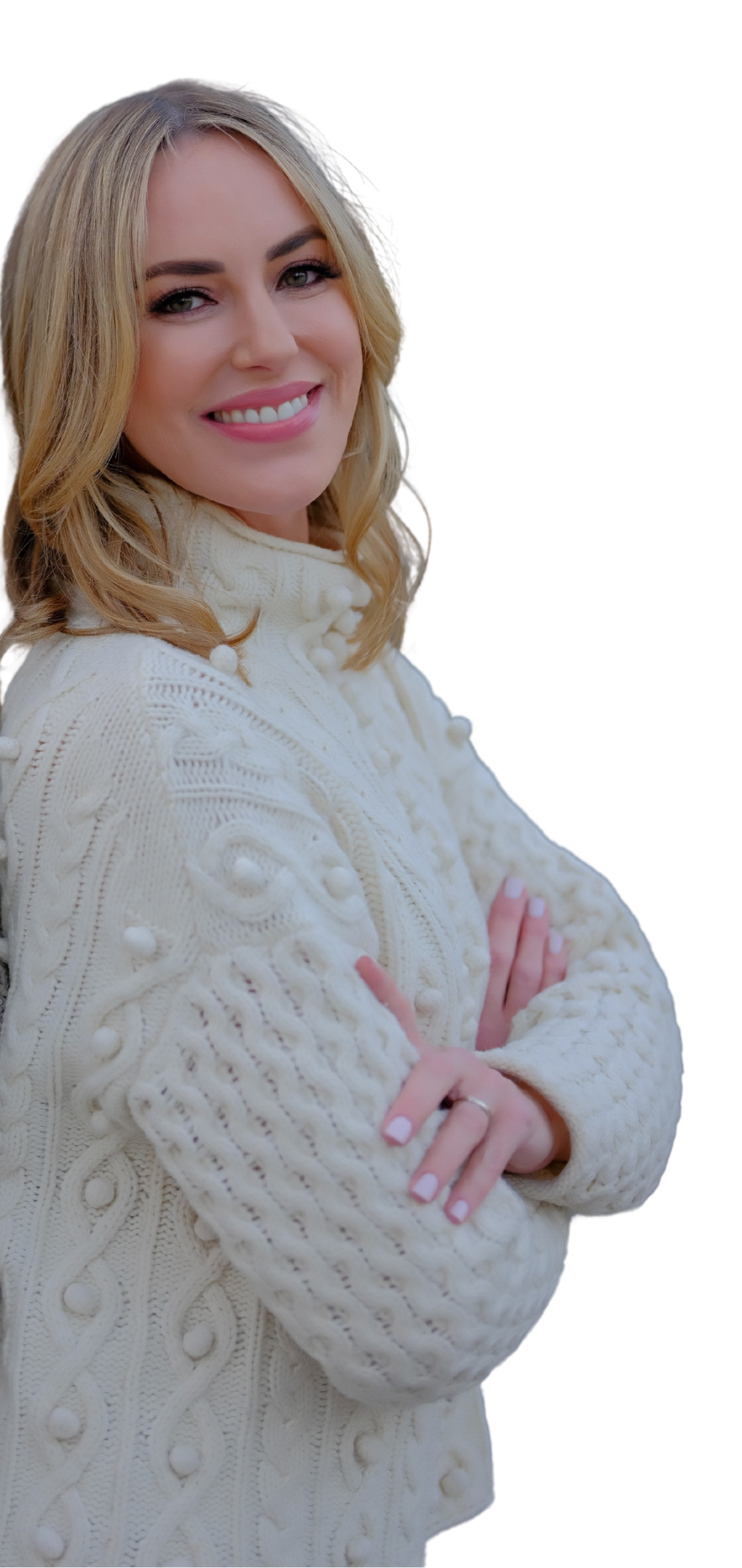 Dierdre Slavin, founder of Heddy, smiling with confidence in a stylish cream sweater, representing leadership, innovation, and expertise in medical aesthetics training.