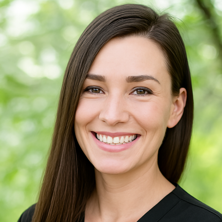 Smiling young female nurse with long straight brown hair, wearing black scrubs, photographed outdoors with a blurred green background.