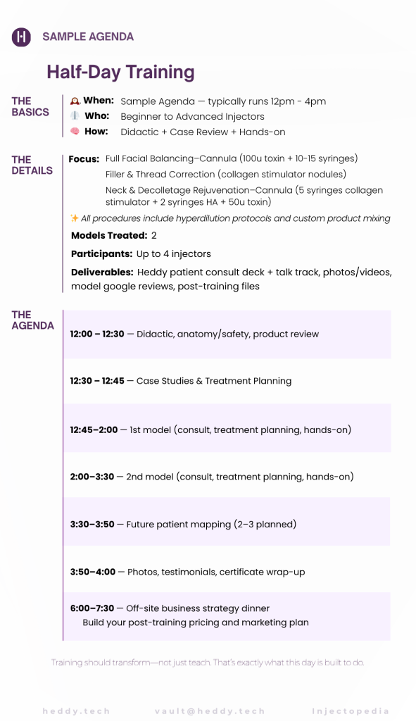 👉 Sample agenda for Heddy half-day injector training with 2 models