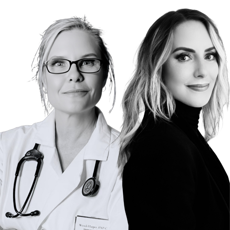 Medical aesthetics founders in black-and-white—one in a lab coat with stethoscope, the other in a black turtleneck—symbolizing Heddy’s clinical depth and modern vision.