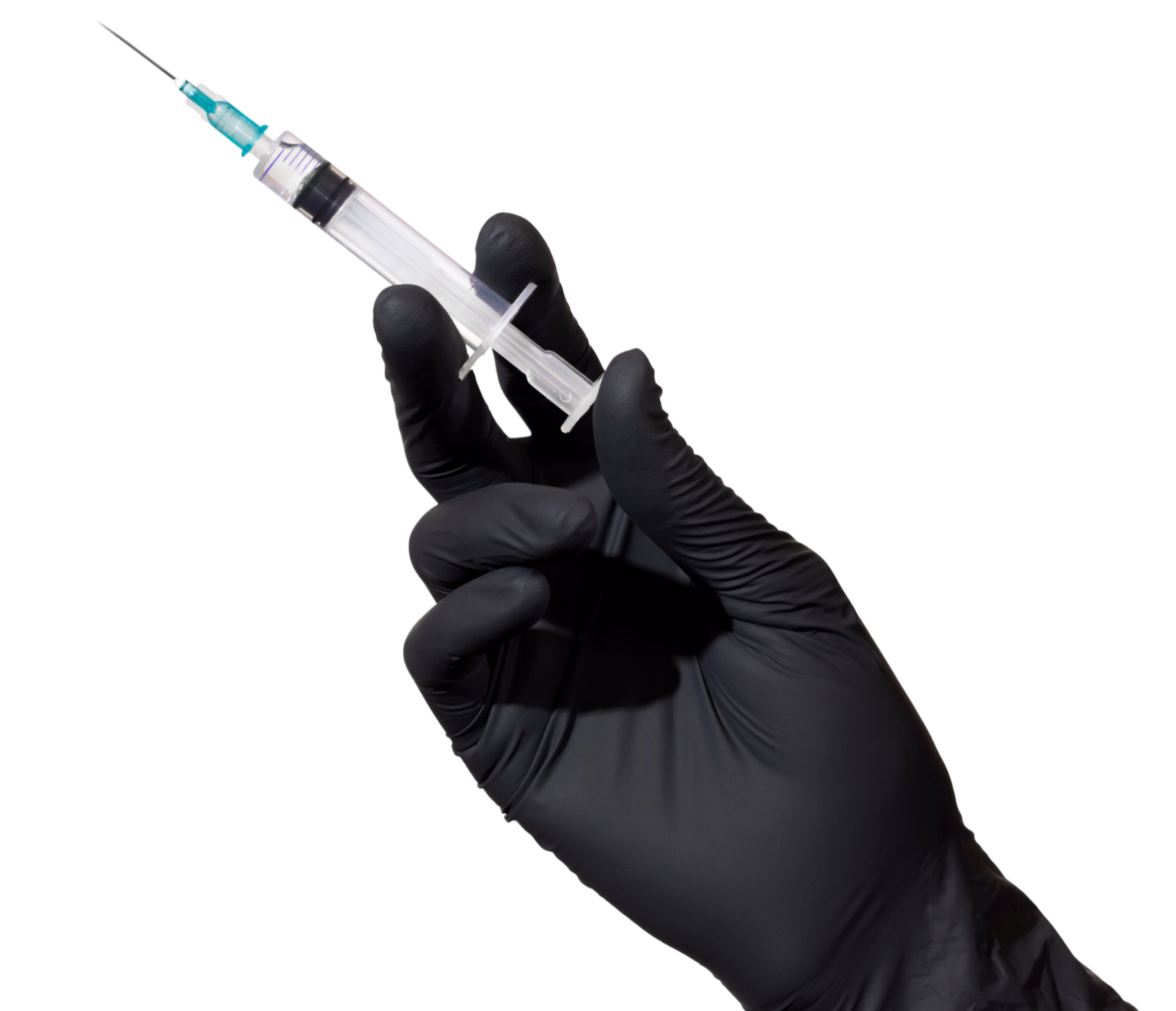 Black-gloved hand holding a syringe