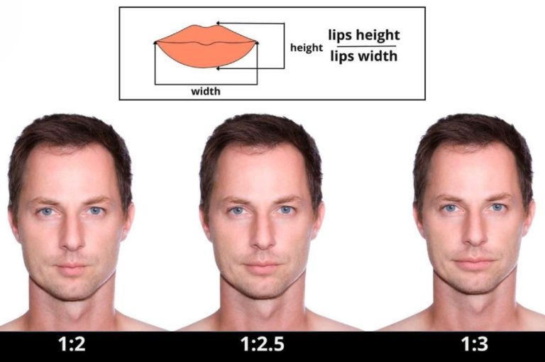 Caucasian male facial images showing three lip height-to-width ratios (1:2, 1:2.5, 1:3) used in a cross-ethnic study analyzing global aesthetic preferences for male lips.