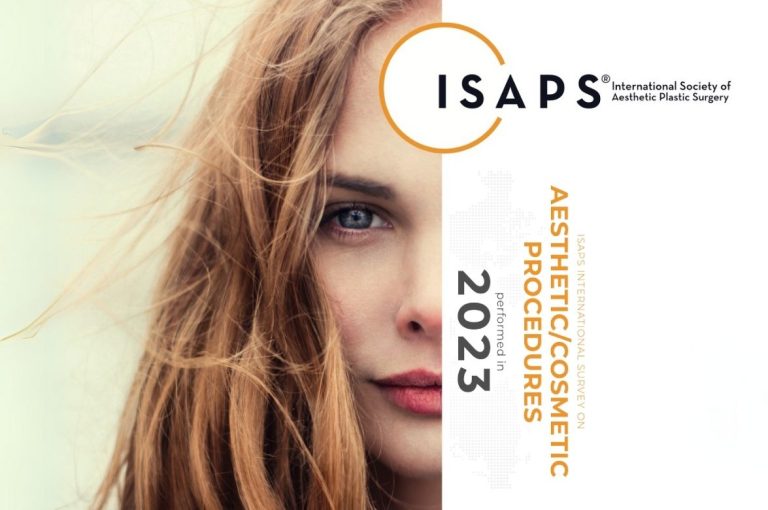 Cover of the ISAPS 2023 Global Survey on Aesthetic and Cosmetic Procedures, featuring a close-up of a woman’s face with flowing hair.