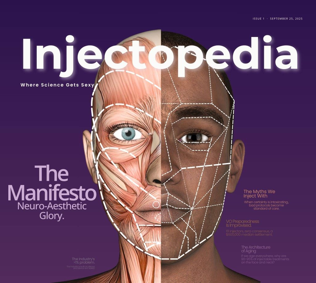 Split-face anatomical mapping illustration showing facial muscles on one side and injection schema on the other, cover of Injectopedia Issue 1 The Manifesto