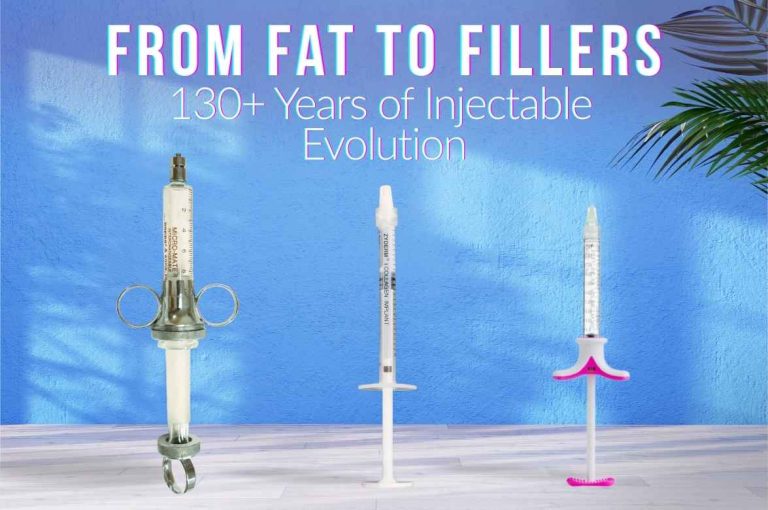 Side-by-side comparison of dermal filler syringes used over the past 130+ years, showcasing the evolution from early fat transfer devices to modern hyaluronic acid-based fillers.