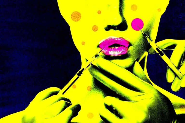 Stylized illustration by Shoshana Gordon showing gloved hands performing facial cosmetic injections, highlighting risks of unlicensed cosmetic treatment providers.