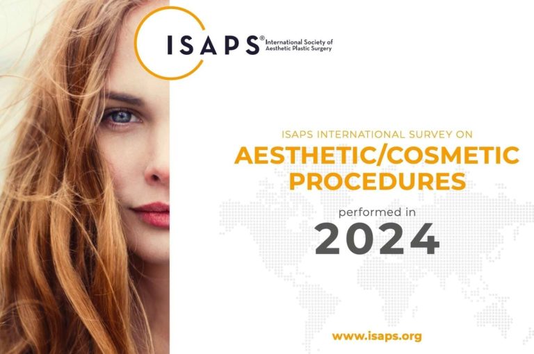Cover of the ISAPS 2024 Global Survey on Aesthetic and Cosmetic Procedures, featuring a close-up of a woman’s face with flowing hair.