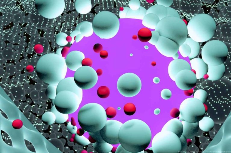 3D molecular visualization of spherical particles surrounding a glowing purple void, representing the diffusion barrier formed by crosslinked hyaluronic acid filler gel resisting hyaluronidase enzyme penetration at the molecular level