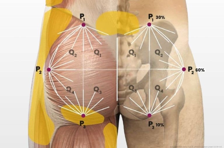 Diagram of gluteal injection mapping for poly-L-lactic acid (PLLA) showing vector-based injection points and distribution zones for buttock volumization and skin laxity treatment
