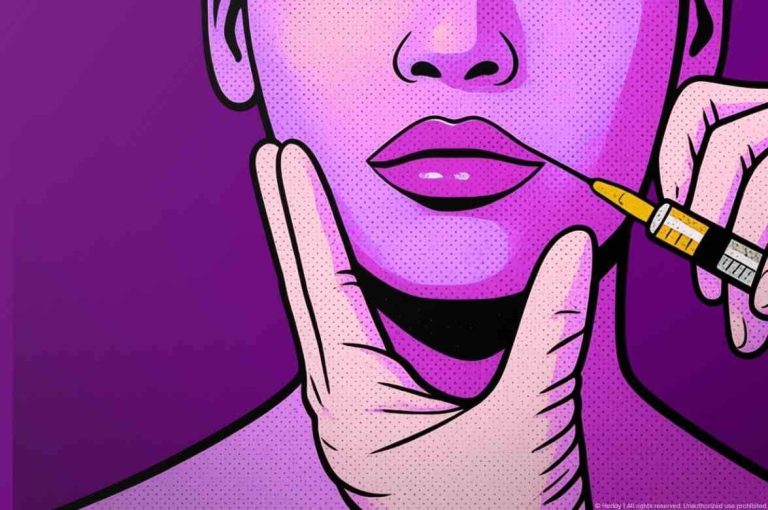 Pop-art style illustration of gloved hands administering a syringe injection near a stylized figure's lips against a bold purple background, representing the risks of unlicensed cosmetic treatment providers administering Botox and dermal fillers Illustration by Dierdre Slavin for Heddy | Injectopedia.