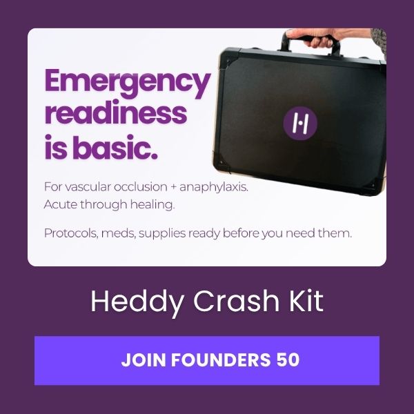Heddy Crash Kit — emergency readiness is basic. For vascular occlusion and anaphylaxis.