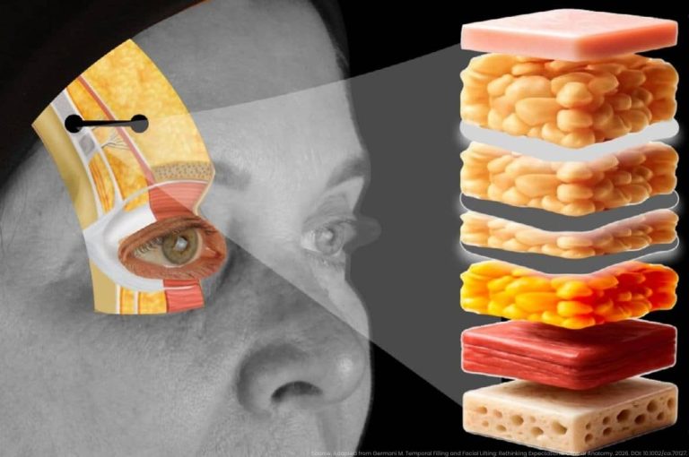 Anatomical illustration of temporal filler injection planes showing facial fascial layers, fat compartments, temporalis muscle, and proposed force transmission pathways associated with temporal lifting techniques.
