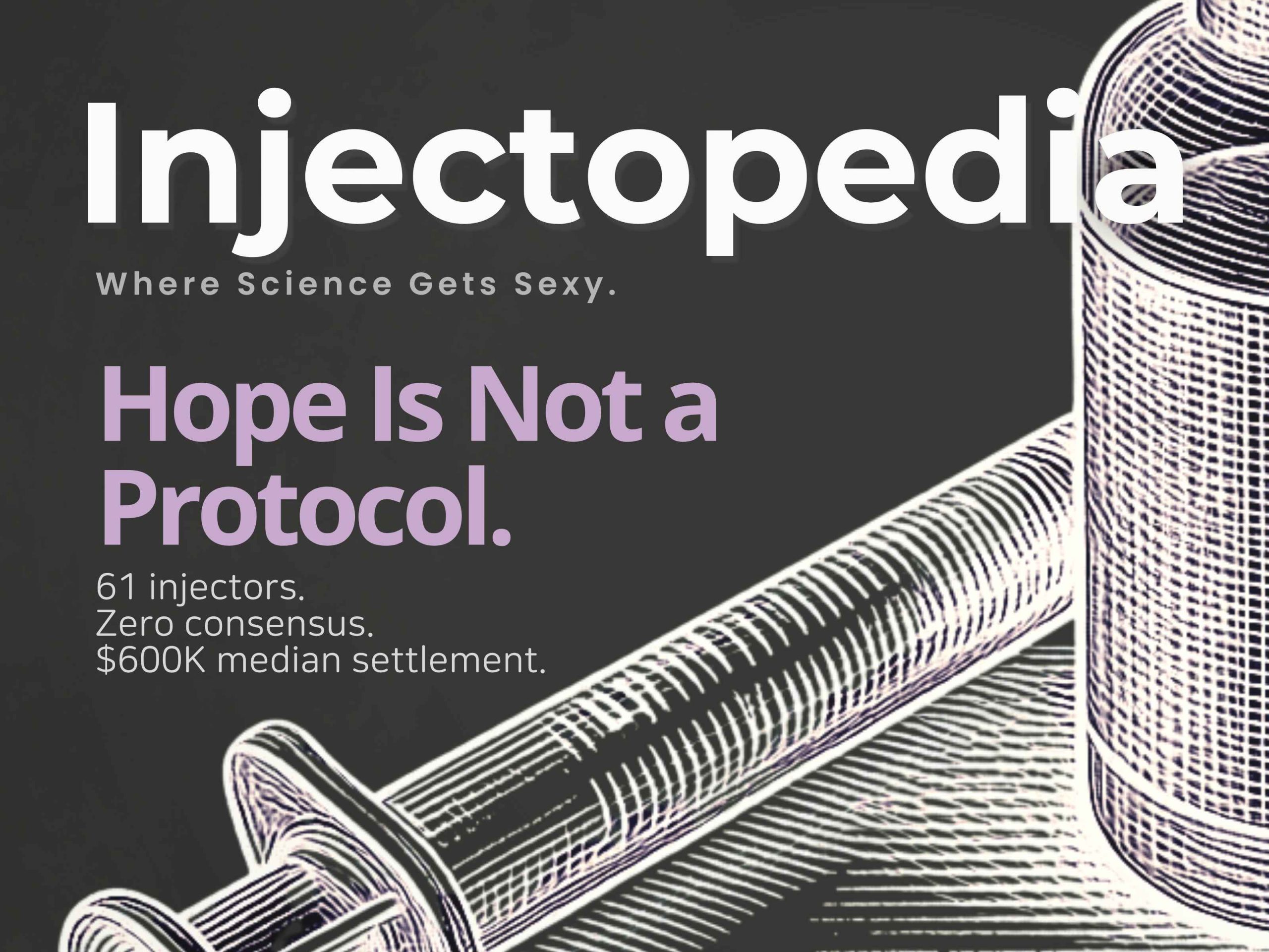 Engraved illustration of a syringe and vial on dark background with text "Hope Is Not a Protocol" and statistic showing 61 injectors zero consensus $600K median settlement, cover of Injectopedia Issue 2 on vascular occlusion preparedness