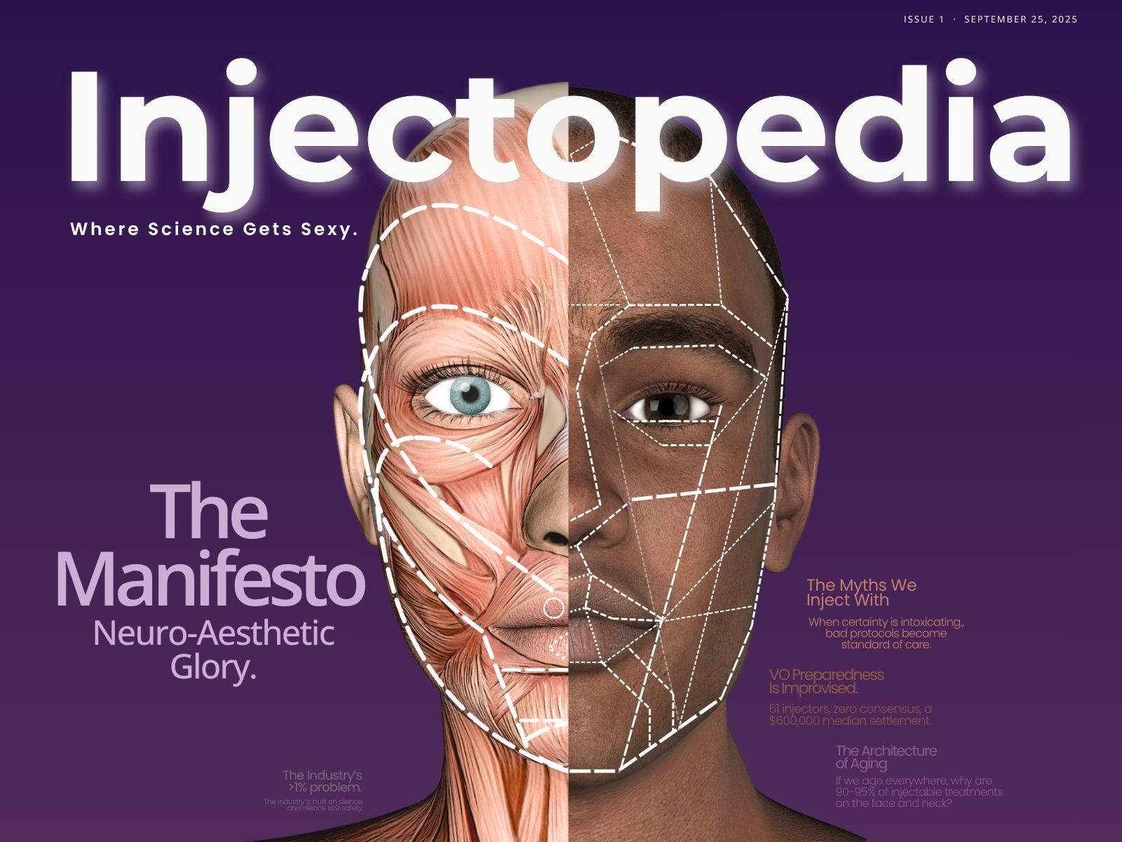 Split-face anatomical mapping illustration showing facial muscles on one side and injection schema on the other, cover of Injectopedia Issue 1 The Manifesto