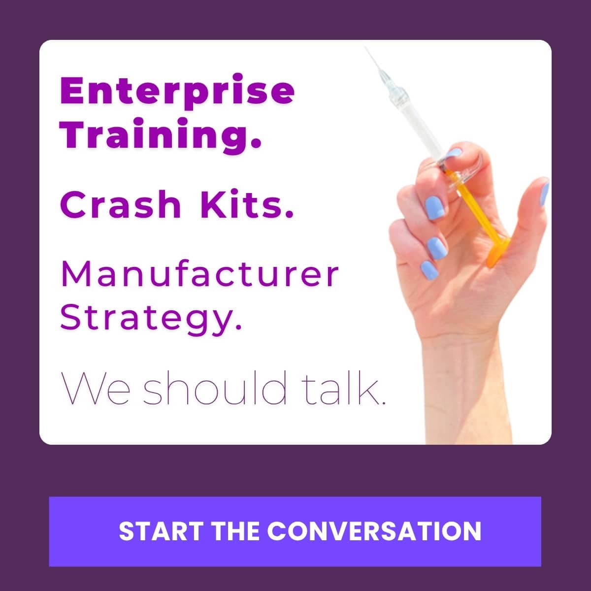 Heddy advertisement promoting enterprise clinical training, Crash Kits, and manufacturer strategy consulting for medical aesthetics with a call to start the conversation.