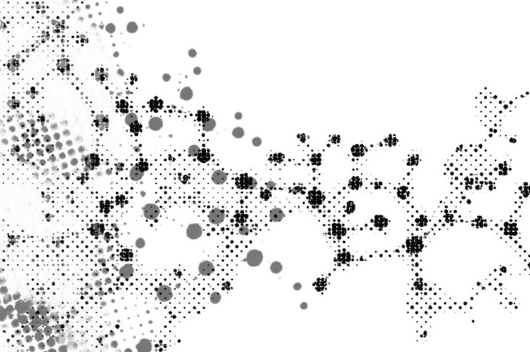 Abstract black and white halftone pattern showing dots dispersing and breaking apart, representing the degradation of hyaluronic acid fillers by hyaluronidase in the Injectopedia Library.