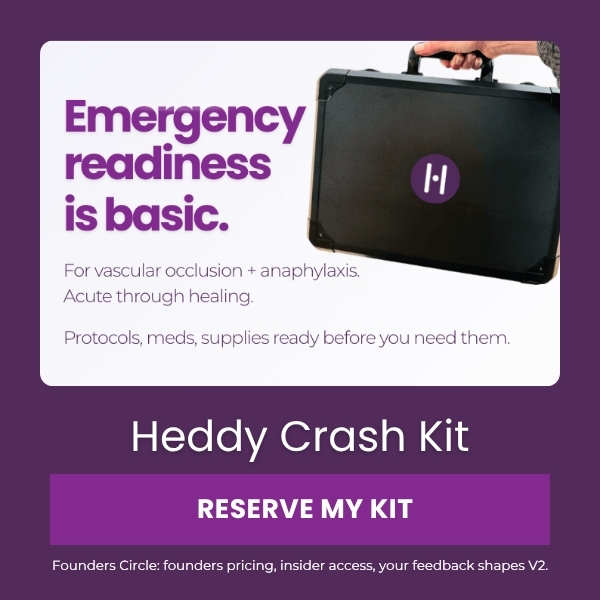 Hand holding the black Heddy Crash Kit case, a vascular occlusion and anaphylaxis emergency kit for aesthetic injectors, with a Reserve My Kit button for the Founders Circle.