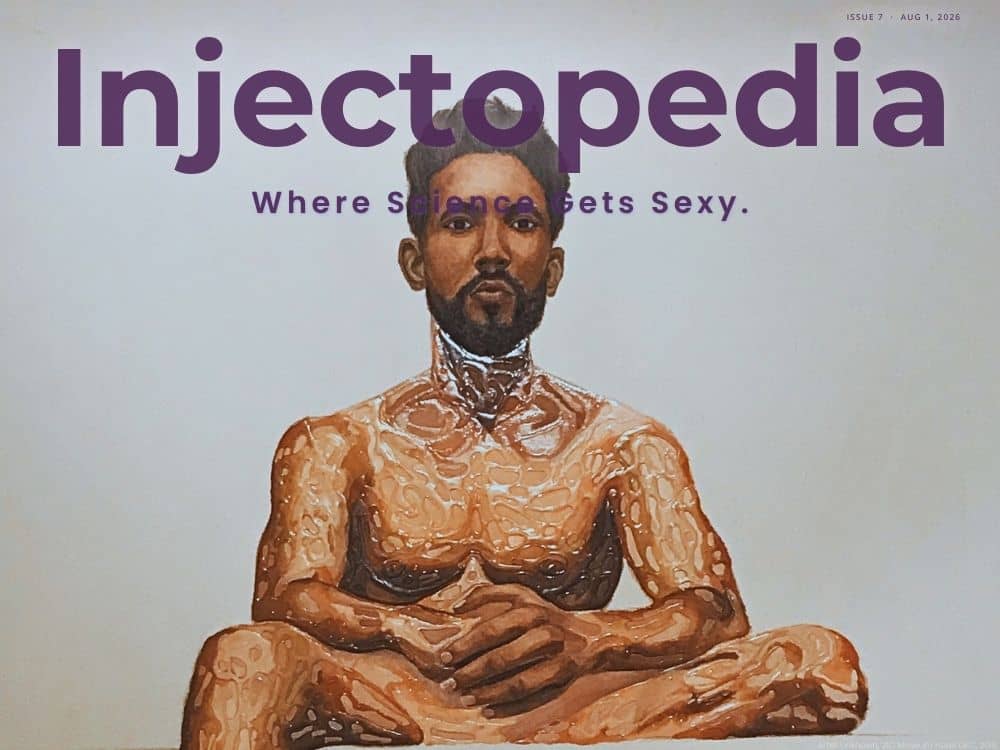 A contemporary painting of a seated man with glossy, heavily textured skin, visually representing fibrotic tissue and delayed-onset reactions. Artist Unknown, 21C Museum Hotel OKC, 2018.